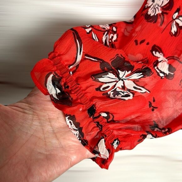 NWOT Veronica Beard Silk Blouse Red Floral Ruffle Trim Long Sleeve Top US 8 - Picture 9 of 16